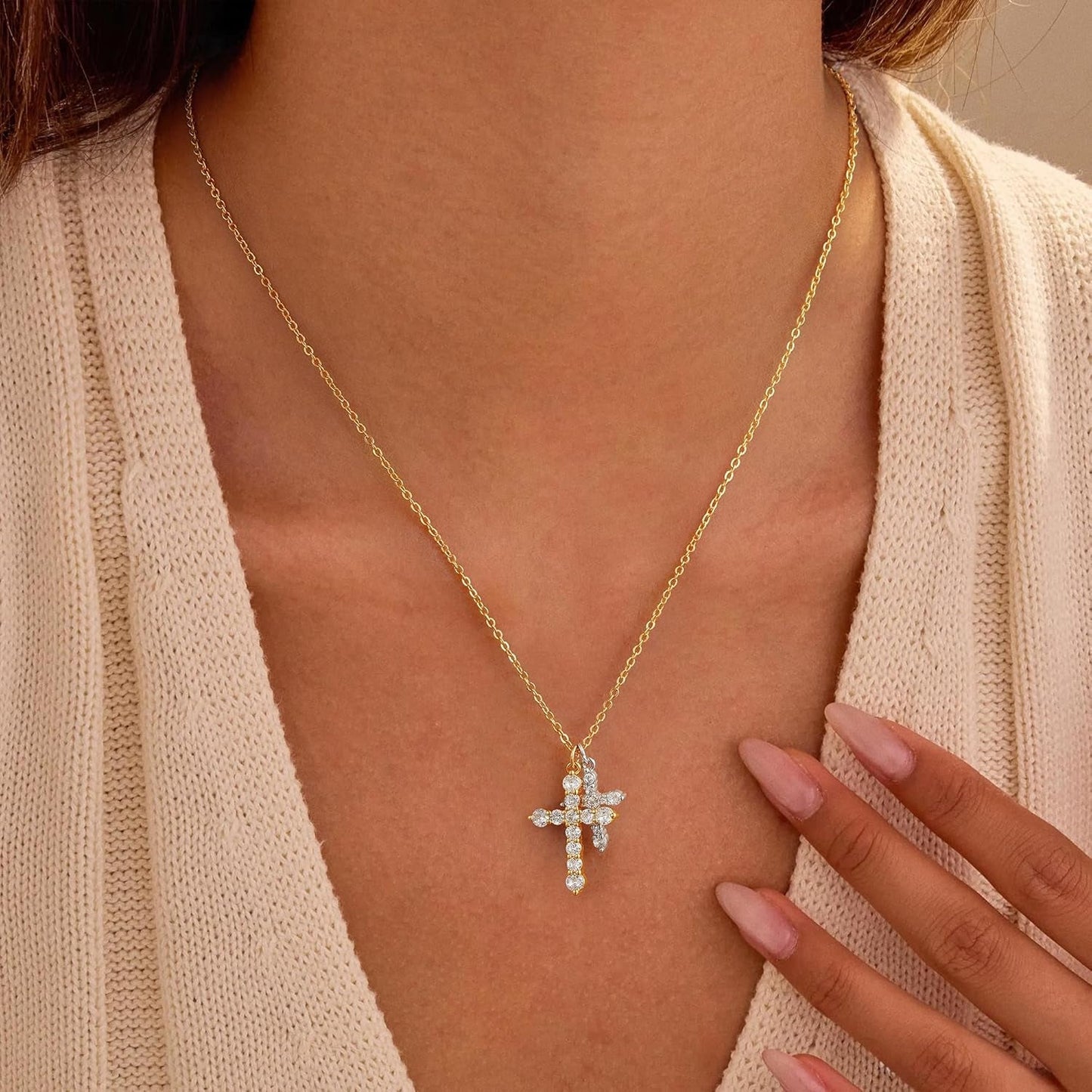Cross Necklace 14K Gold/Silver Plated Double Cross Pendant Necklace Dainty Diamond Cross Charm Link Chain Choker Delicate Faith Jewelry Religious Gifts for Women,Valentine'S Day Gift