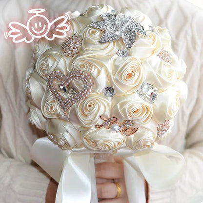 21CM Satin Ribbon Roses Wedding Bouquet Pearl Crystal Brooch Bride Holding Flowers Artificial Rose Wedding Flower Bridesmaid Bouquet. Multi-color Optional