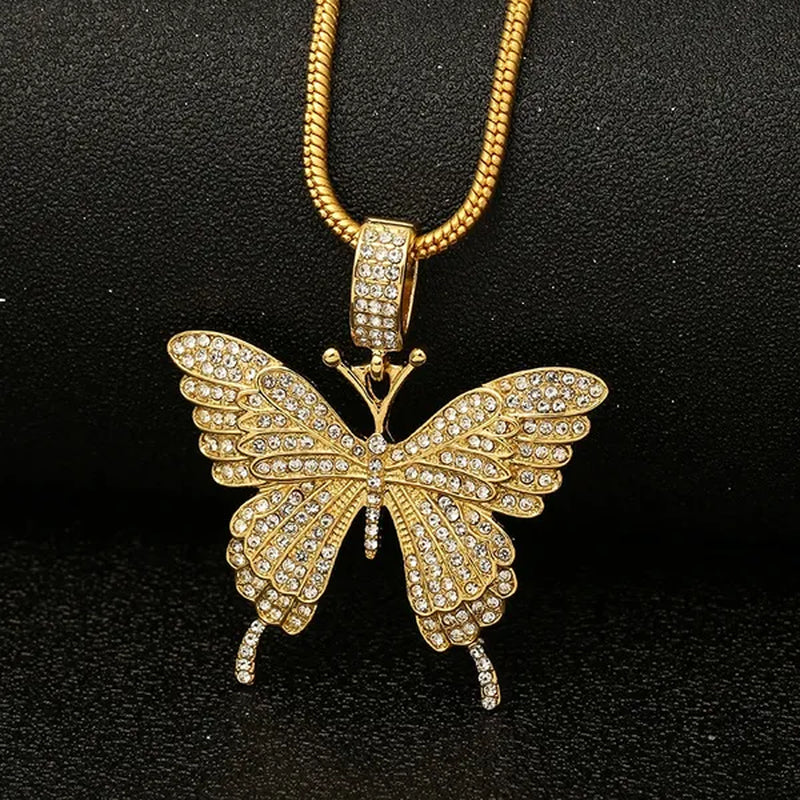 Colorful butterfly pendant necklace set with diamond alloy, snake chain, hip hop necklace for men and women