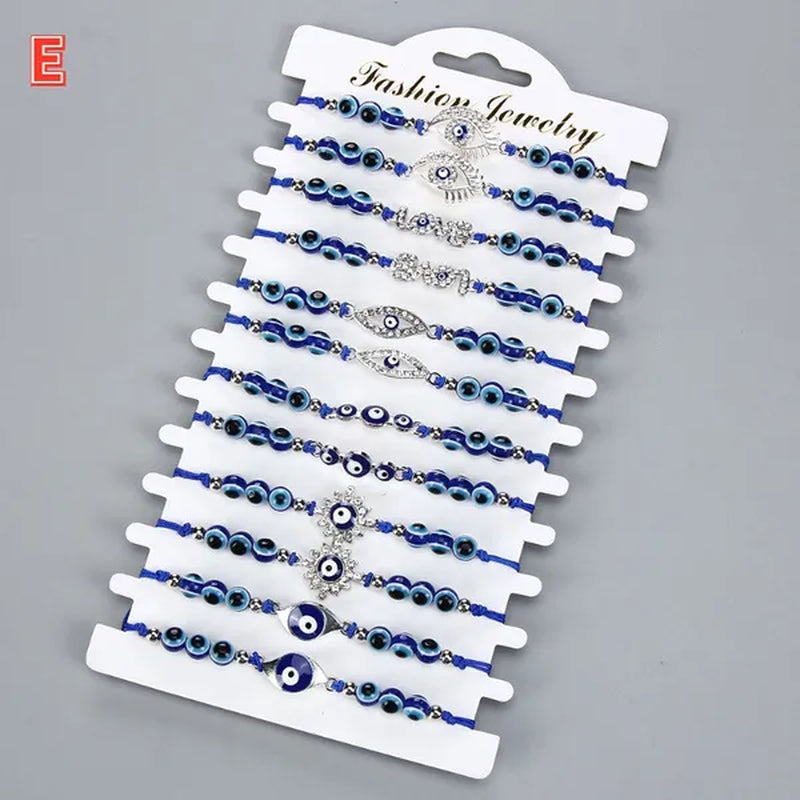 12 Pcs/Set Bohemian Handmade Braided Rope Charm Bracelets Rhinestone Blue Round Beads Evil Eye Bracelet  for Women Men Friendship Jewelry Gifts