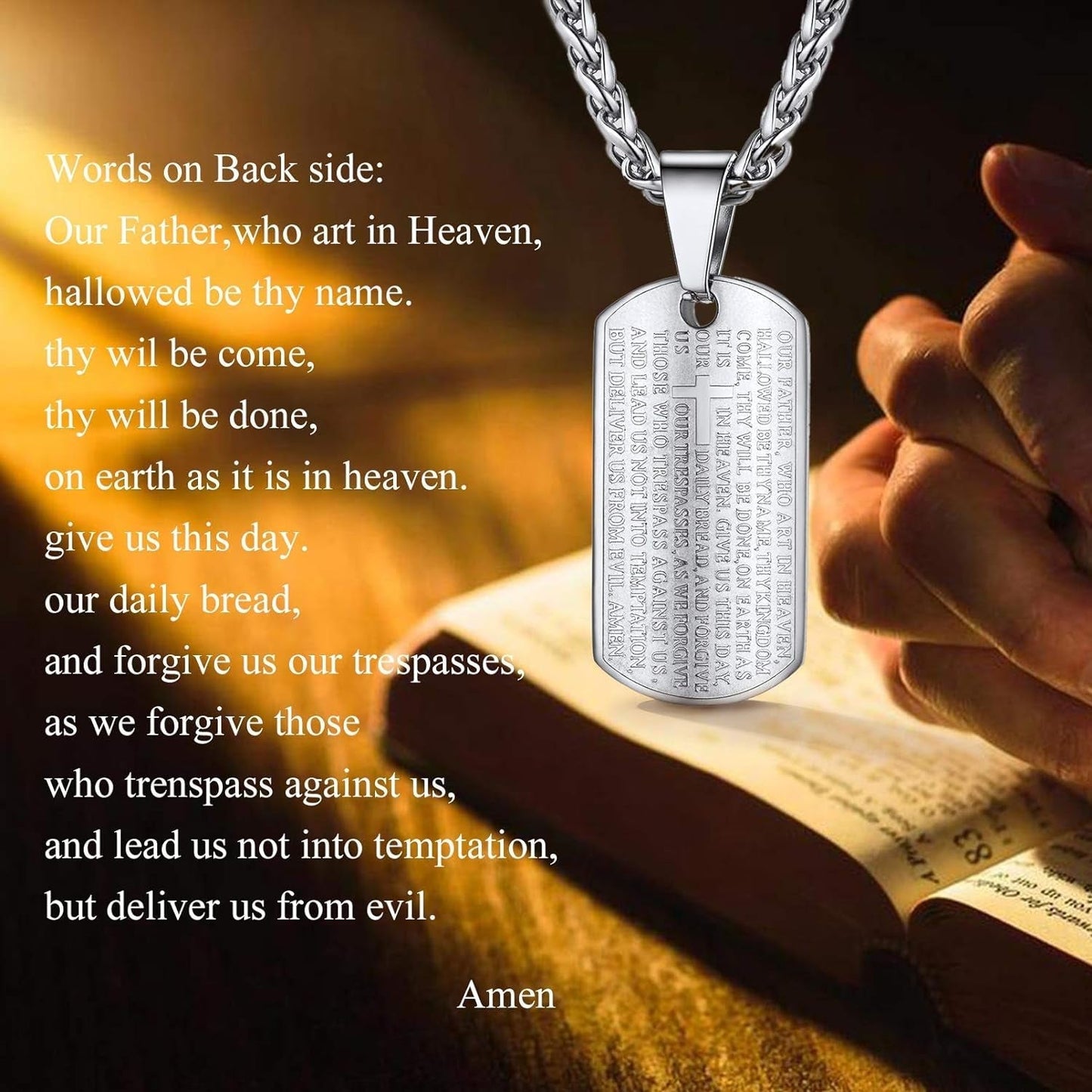 Stainless Steel the Lord'S Prayer Necklace, Praying Hands Pendant & Chain, Mens Womens Necklace, 22Inch-24Inch, Come Gift Box