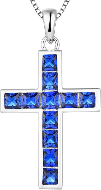 925 Sterling Silver Cross Necklace for Women Halo Pendant Princess Cut Birthstone Jewelry for Mom