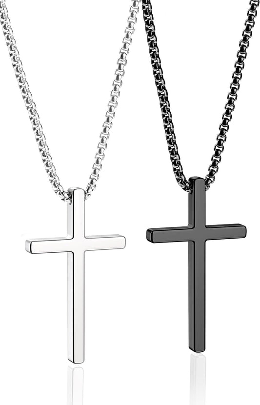 2 Pcs Cross Necklace for Men Boys,Stainless Steel Pendant Silver Black Gold Crosses Chain Jewelry Gifts Box 16-30 Inches - WORLD TIME VISITS