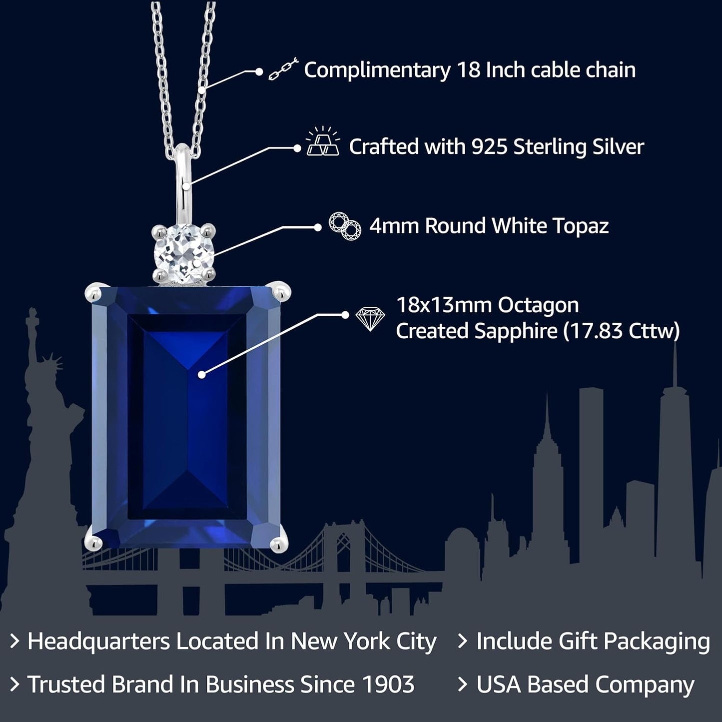 17.83 Cttw Blue Created Sapphire and White Topaz Pendant Necklace for Women in 925 Sterling Silver | Emerald Cut 18X13MM | with 18 Inch Silver Chain