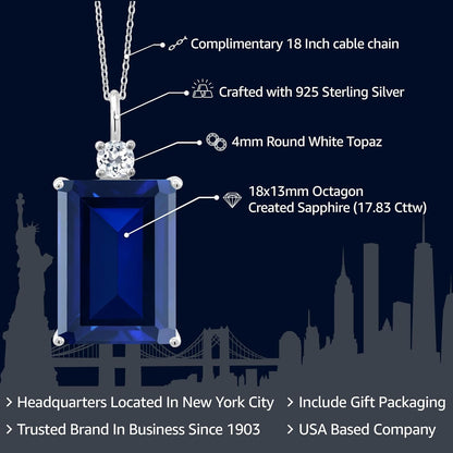17.83 Cttw Blue Created Sapphire and White Topaz Pendant Necklace for Women in 925 Sterling Silver | Emerald Cut 18X13MM | with 18 Inch Silver Chain