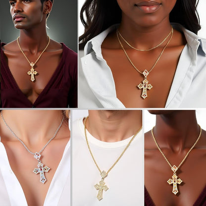 Iced Out Colorful Rhomboic Cross Pendant Necklace, Trendy White Gold Hip Hop Cubic Zirconia Oval Diamond Cross Pendant Faith Jesus Necklace Gift - WORLD TIME VISITS