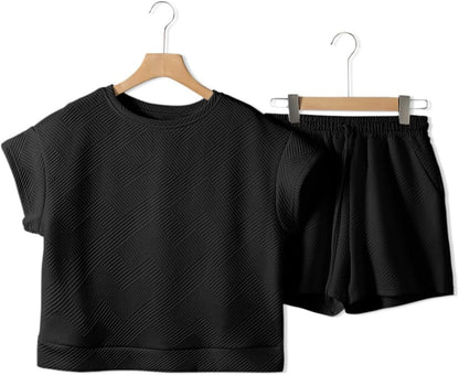 Women'S 2 Piece Outfits Sweatsuit Casual Short Sleeve Pullover Tops and Drawstring Shorts Pants Lounge Sets
