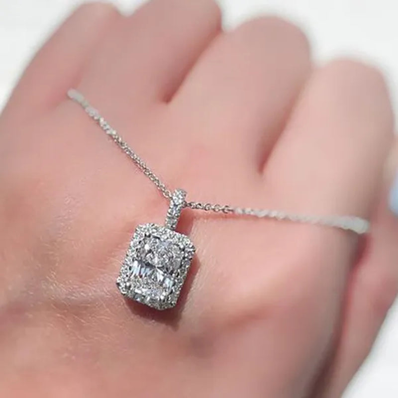 Trendy Silver Plated 4 Prong Setting Princess Cut Square Diamond Side Moissanite Necklace for Women Engagement Wedding Jewelry - WORLD TIME VISITS