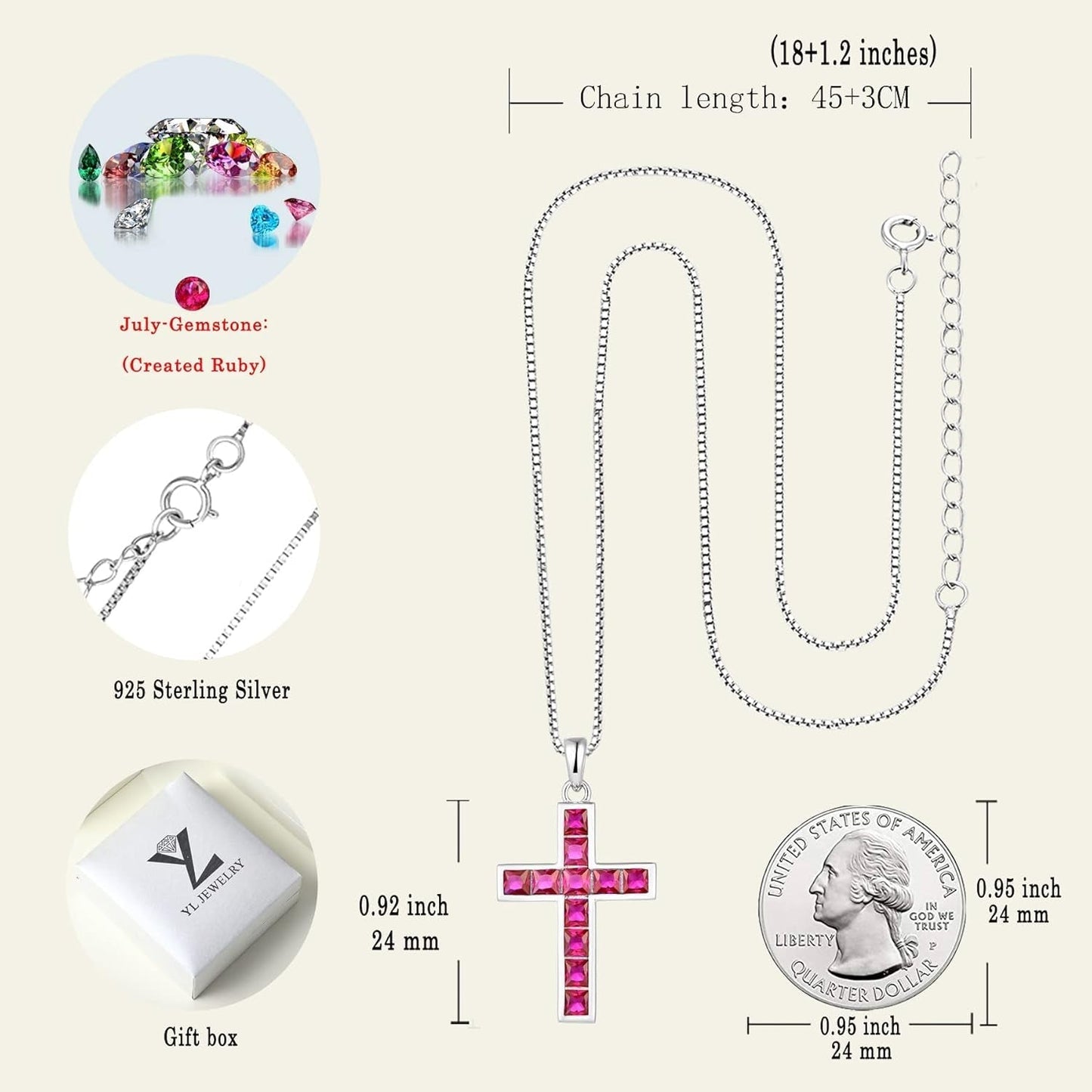 925 Sterling Silver Cross Necklace for Women Halo Pendant Princess Cut Birthstone Jewelry for Mom