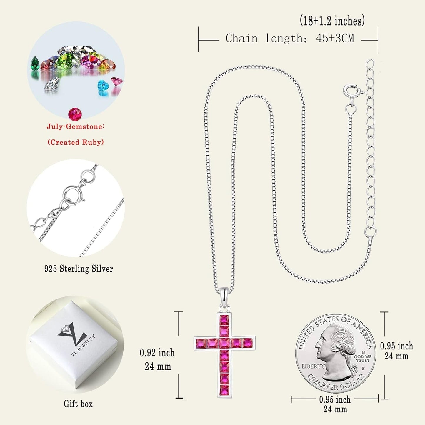Cross Necklace Sterling Silver Criss Pendant Gemstones Crucifix Jewelry for Women