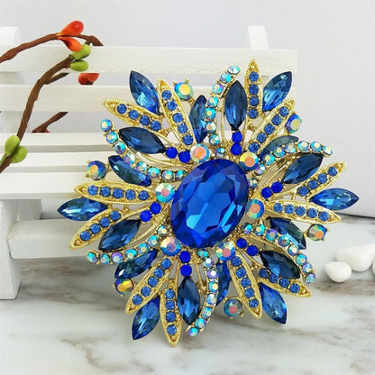 3.5" Huge Big Large Brooch Pendant Scarf Hats Decoration Blue Flower Pin Gold Tone