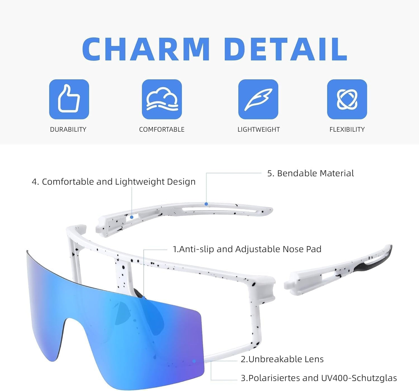 Sports Polarized Sunglasses: TR90 Outdoor Cycling Glasses for Men Women UV400 Protection Whiteblue, Large