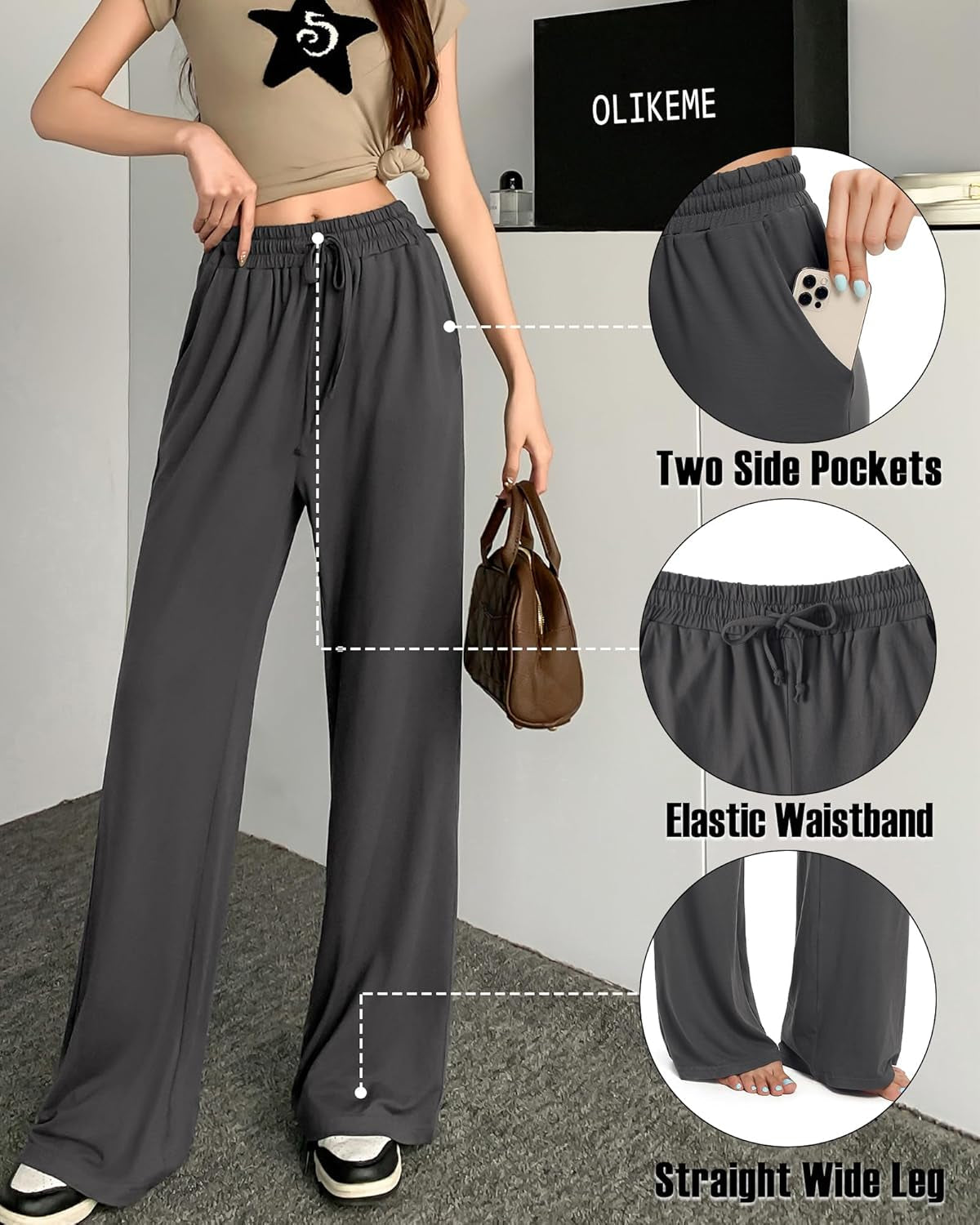 Womens Wide Leg Pants Loose Sweatpants High Waist Stretchy Comfy Athletic Casual Lounge Pants with Pockets