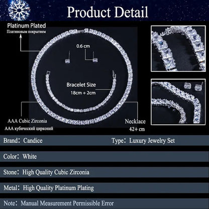 CANDICE Platinum Plating Elegant Party Jewelry Set Pave Glittering Princess Cut Pure Zirconia Choker Necklace Earrings and Bracelet for Women Wedding Gift