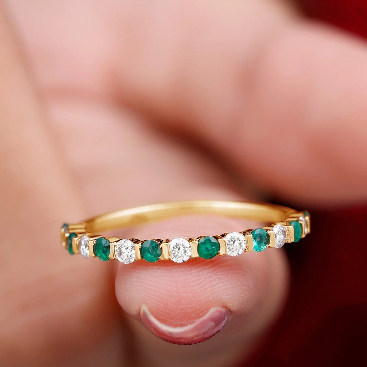 Real Emerald Half Eternity Ring with Moissanite for Women (0.75 CT, AAA Quality), 14K Yellow Gold, US 11.00