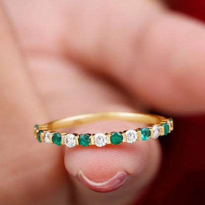 Real Emerald Half Eternity Ring with Moissanite for Women (0.75 CT, AAA Quality), 14K Yellow Gold, US 11.00