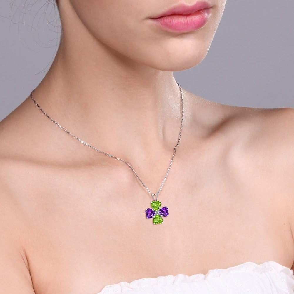 925 Sterling Silver Green Peridot and Purple Amethyst 4 Heart Shape Gemstone August Birthstone Pendant Necklace for Women (2.96 Cttw, 6MM Heart, with 18 Inch Silver Chain) - WORLD TIME VISITS