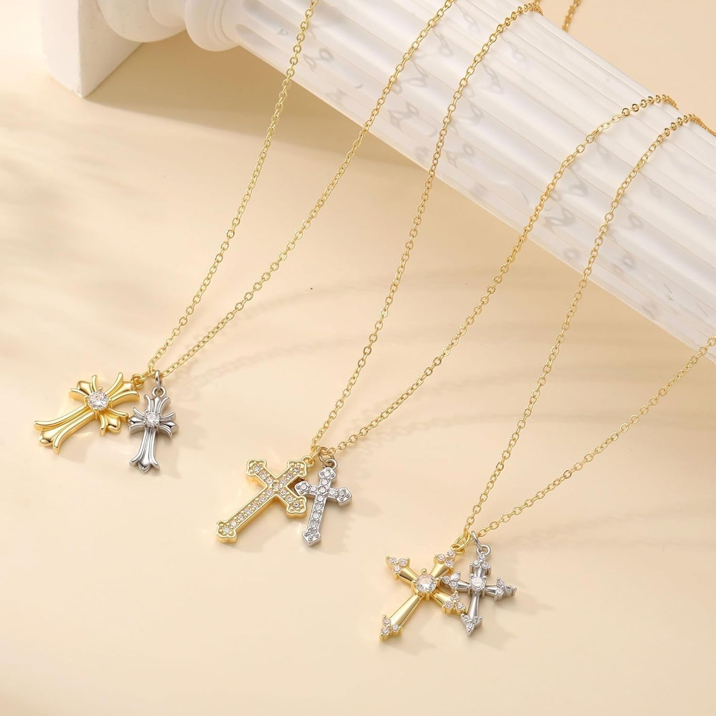 Cross Necklace 14K Gold/Silver Plated Double Cross Pendant Necklace Dainty Diamond Cross Charm Link Chain Choker Delicate Faith Jewelry Religious Gifts for Women,Valentine'S Day Gift