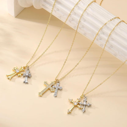 Cross Necklace 14K Gold/Silver Plated Double Cross Pendant Necklace Dainty Diamond Cross Charm Link Chain Choker Delicate Faith Jewelry Religious Gifts for Women,Valentine'S Day Gift