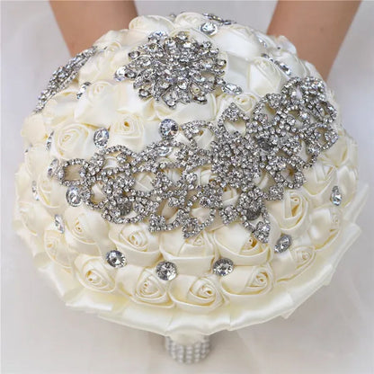 21CM Creative Handmade Diamond Flower Brooch Bouquet Ribbon Silk Rose Wedding Flower Bridal Bouquet Bridesmaid Holding Flowers