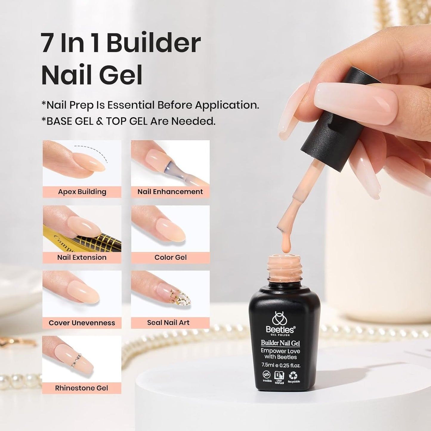 Beetles Builder Gel 6 Colors 7 in 1 Strengthener Gel Clear Nude Pink Milky White Hard Gel Nail Extension Gel Rhinestone Gel Nail Glue Art Base Gel Needed