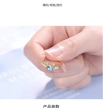 Korean Antler Ring 925 Sterling Silver Artificial Moonstone Rings for Women All with You Ring Adjustable Size