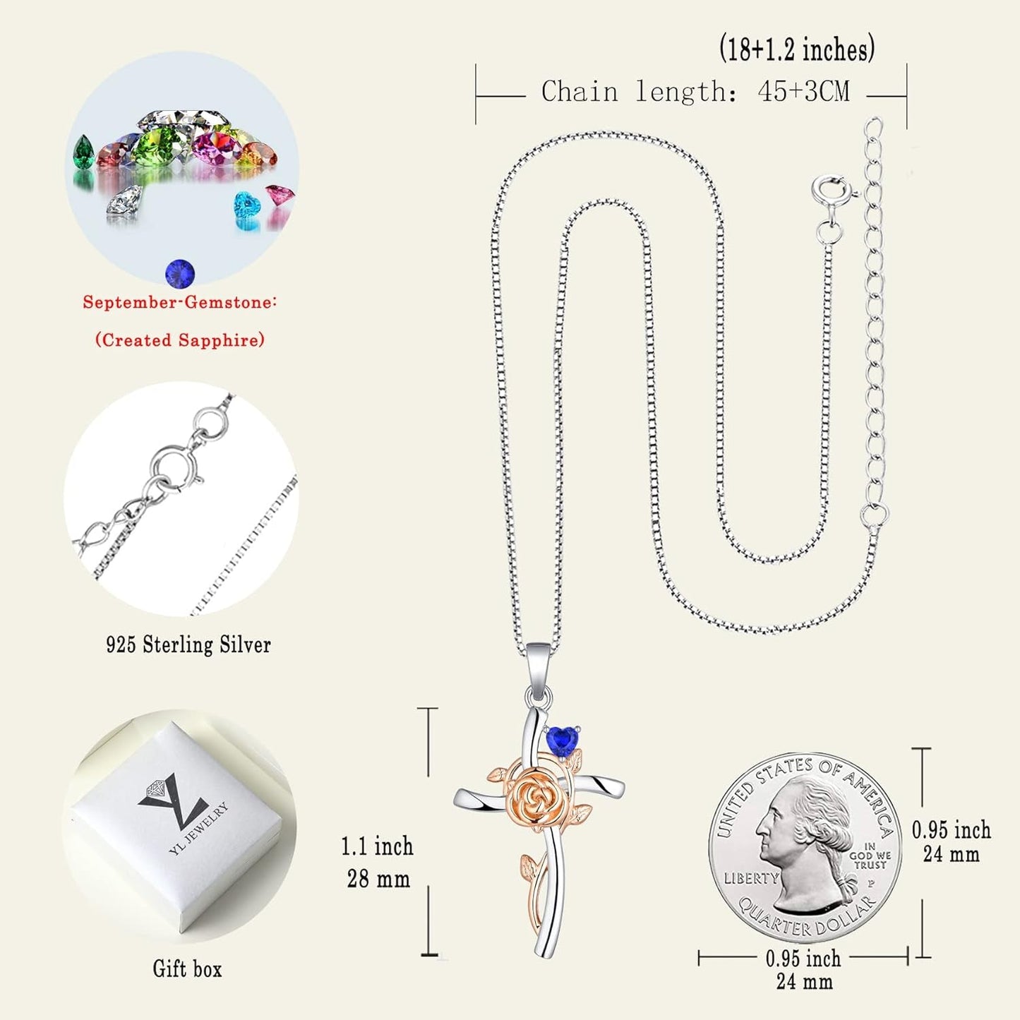 Cross Necklace 925 Sterling Silver Rose Flower Crucifix Pendant Birthstone Criss Jewelry for Women
