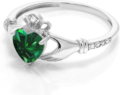 10K White Gold Green Simulated Emerald and White Diamond Irish Celtic Claddagh Ring (0.76 Cttw, Heart Shape 6MM, Available in Size 5, 6, 7, 8, 9)