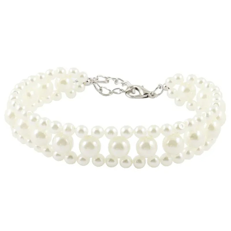 Three Rows Pearl Linked Beads Pet Dog Heart Pendant Puppy Collar Necklace S/M/L Size
