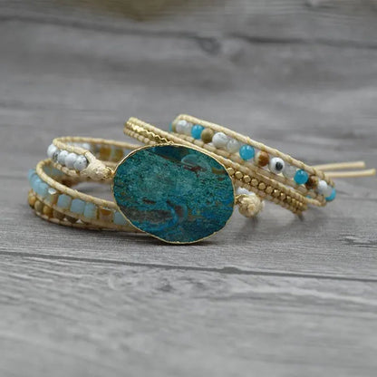 Vintage Boho Handmade Turquoise Charm Natural Stone Beads Bracelets Adjustable Wrap Leather Bracelet Jewelry