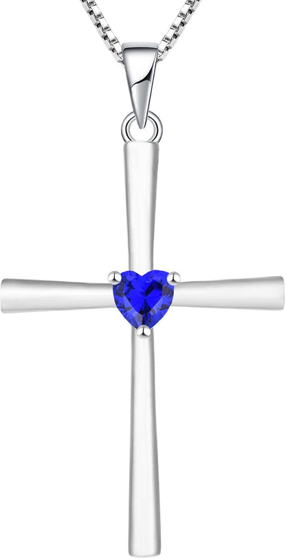 Women'S Cross Necklace 925 Sterling Silver Crucifix Pendant Heart Cut Birthstone Criss Jewelry - WORLD TIME VISITS