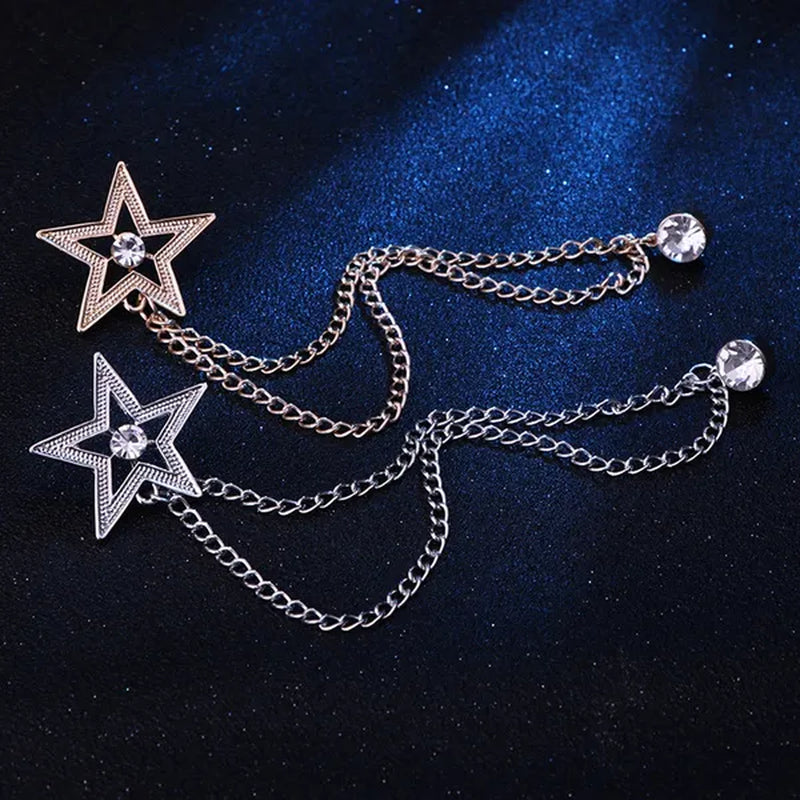 New Crystal Pentagram Brooch Pin Fashion Tassel Chains Suit Shirt Badge Collar Lapel Pin for Men and Women Jewelry Gifts