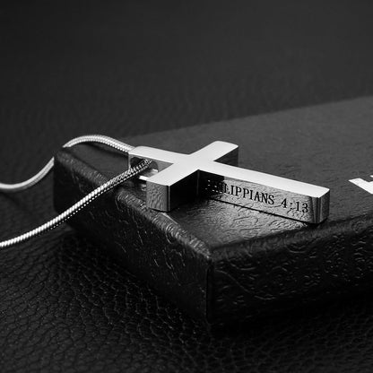 Philippians 4:13 Cross Pendant STRENGTH Bible Verse Stainless Steel Necklace