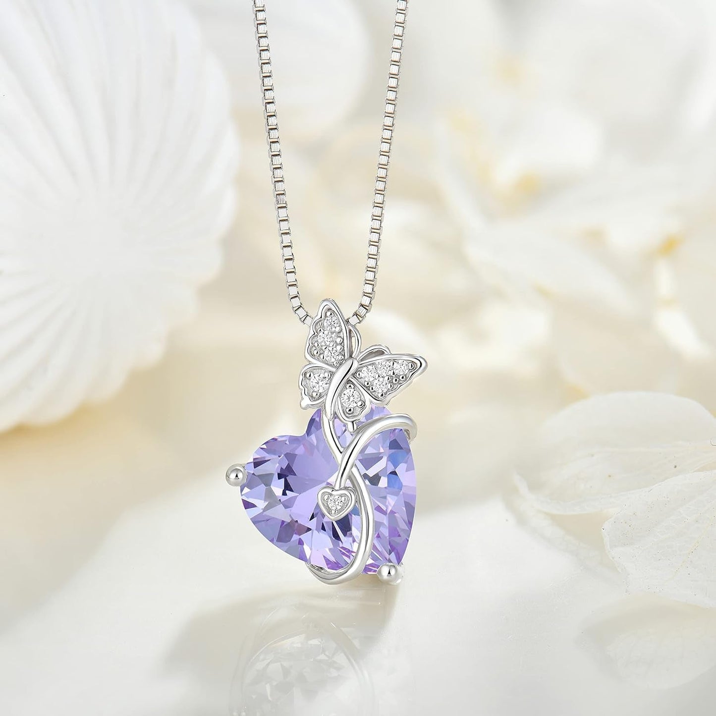 Butterfly Necklace for Women 925 Sterling Silver Love Heart Pendant Necklace Birthstone Jewelry Gifts for Wife Girlfriend Mom Daughter