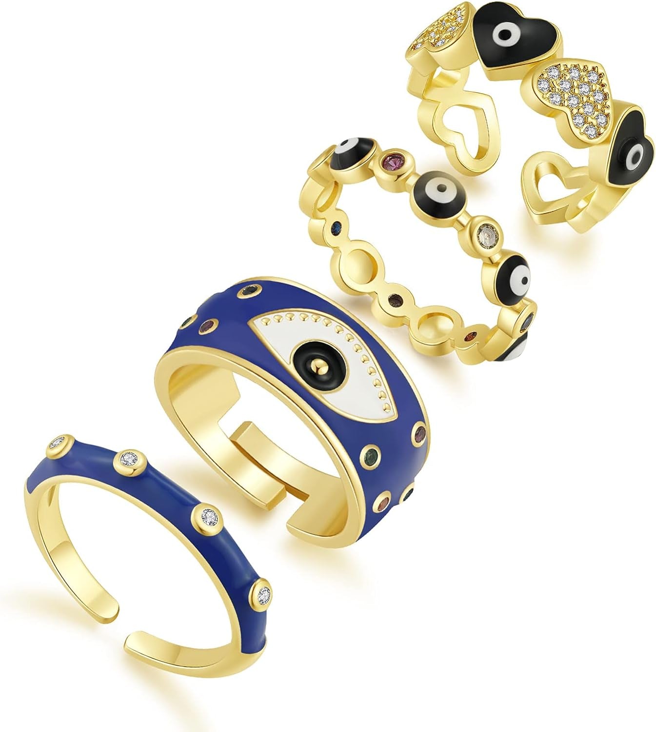 4PCS Evil Eye Ring Set Y2K Colorful Enamel Adjustable Gold Rings for Women Aesthetic Trendy Ring Set for Teen Girls - WORLD TIME VISITS
