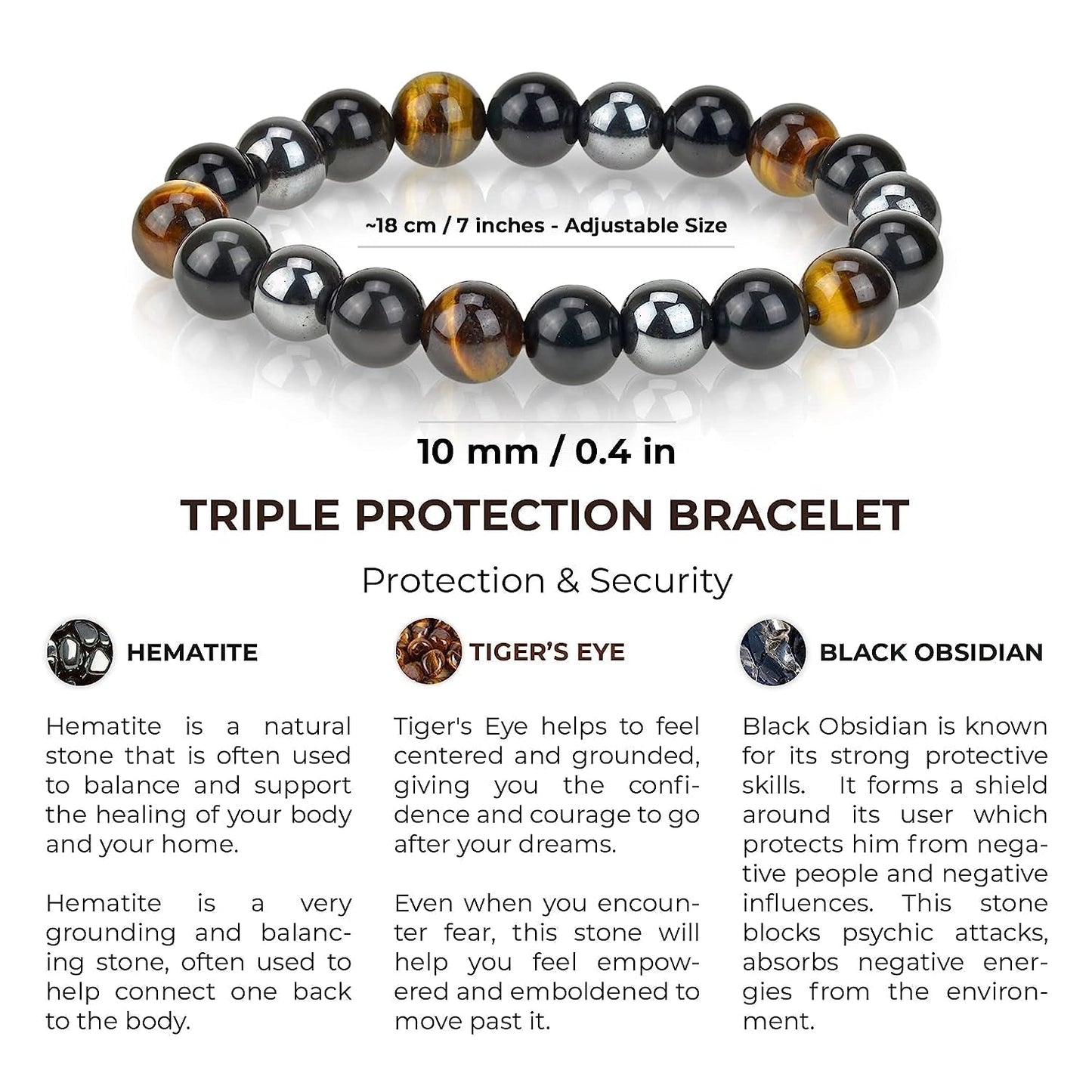 Triple Protection Bracelet - for Protection - Bring Luck and Prosperity - Hematite - Black Obsidian - Tiger Eye - Stone Bracelet