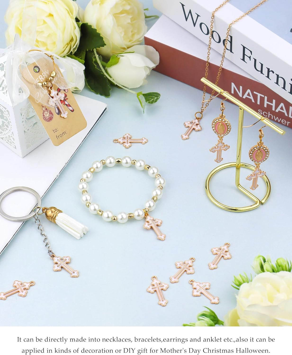 100 Pcs Alloy Enamel White Cross Pendants Gold Plate Cross Dangle Charms for Necklace Bracelet Jewelry Making DIY Crafting