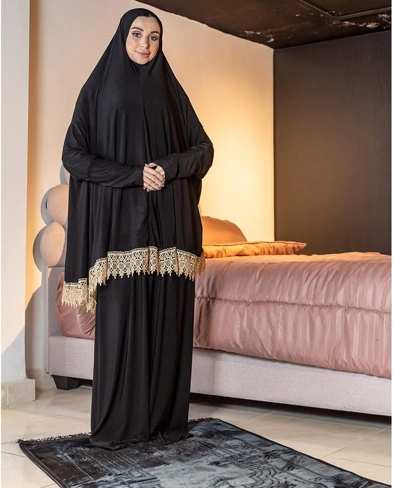 Women'S Prayer Dress 2 Pieces Lycra Solid Color plus Long Sleeve | One-Size | Hijab Abaya Suit