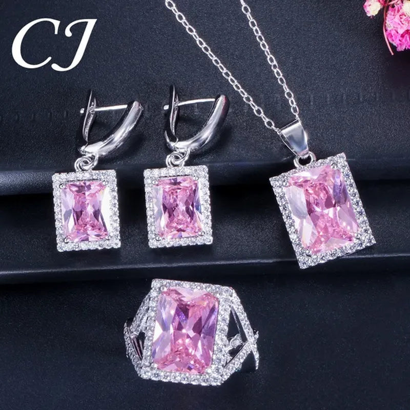 CANDICE Top Grade Bright Square Yellow Pave Sterling Silver Pendant Necklace Earrings and Ring with Tiny CZ Stone Jewelry 3 Pcs Sets for Women Dress Accessories