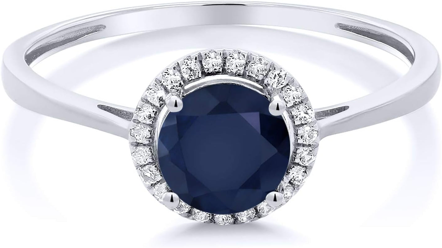 10K White Gold Gemstone Birthstone and Diamond Halo Promise Wedding Engagement Ring | round 6MM | White Gold Ring for Women