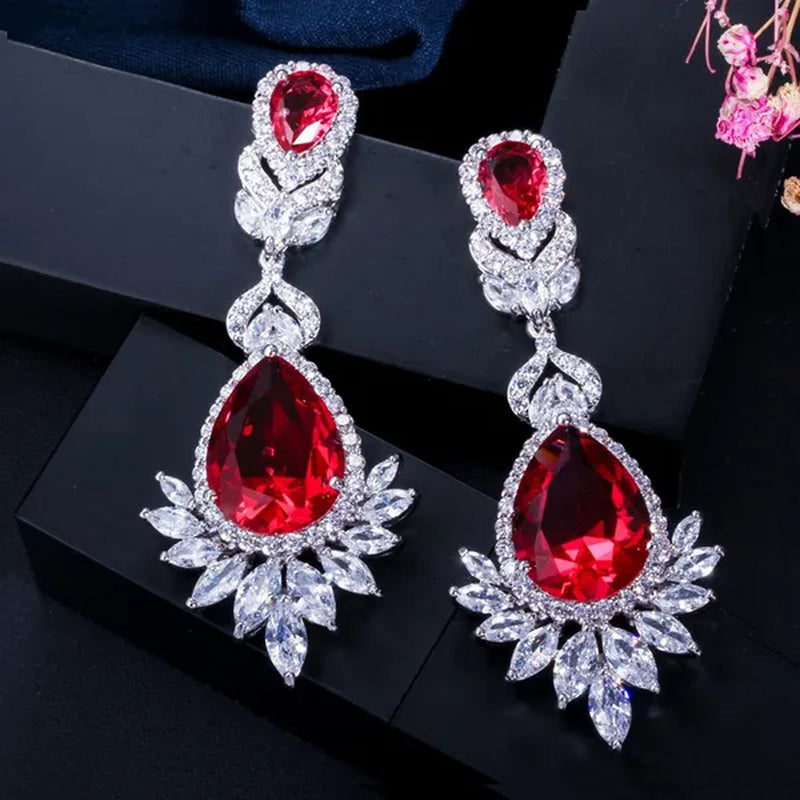 CANDICE Gorgeous Natural Red Green Zirconia Setting Silver Plated Big Teardrop Dangle Earrings for Women Party Dress Accessories - WORLD TIME VISITS