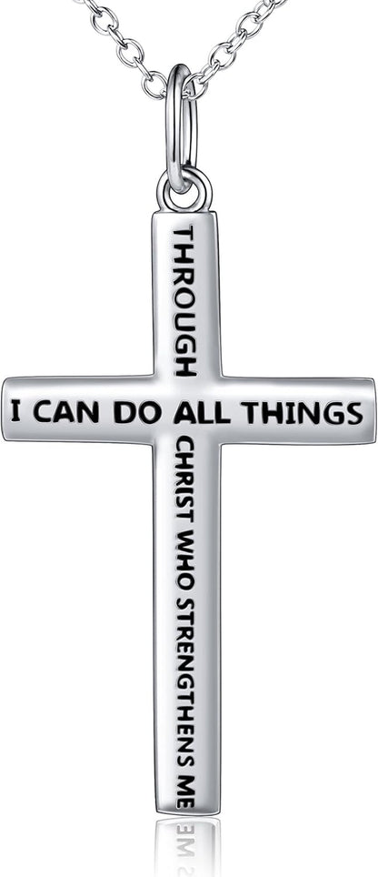 S925 Sterling Silver Cross Bible Verse Faith Christian Inspirational Pendant Necklace for Men Women