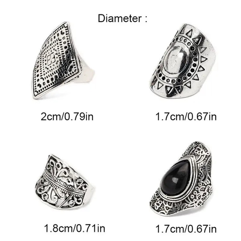 4Pcs/Set Vintage Silver Gypsy Boho Ethnic Ring Hollow Carved Gem Diamond Women  Rings