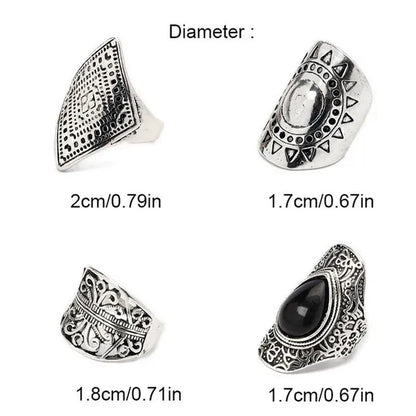 4Pcs/Set Vintage Silver Gypsy Boho Ethnic Ring Hollow Carved Gem Diamond Women  Rings