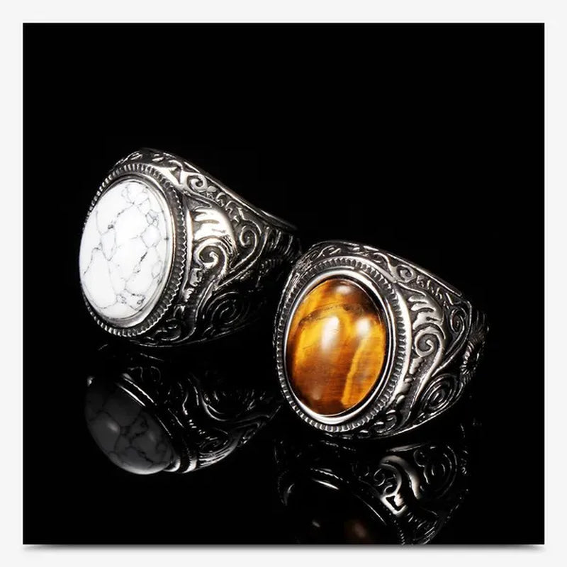 Vintage Men's Gemstone Ring Stainless Steel Single Turquoise Agate Tiger Eye Stone Rings Jewelry Gift for Men Women Boyfriend Girlfriend