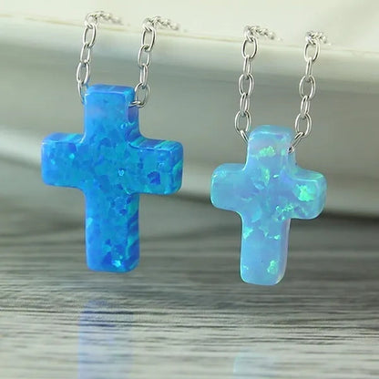 Blue Opal Cross Shaped Pendant Necklace for Women 925 Sterling Silver Chain Opal Jewelry