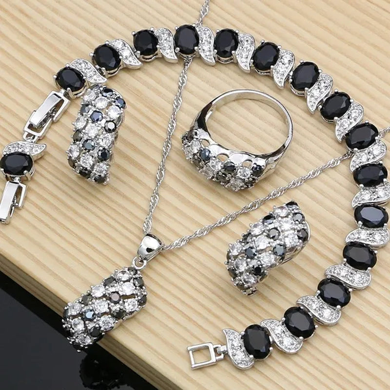 Silver 925 Gemstones Jewelry Sets for Women Ring Earrings Necklace Sapphire Ruby Amethyst Female Wedding Wholesale - WORLD TIME VISITS