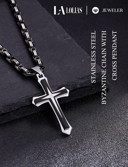 Black 14K Gold Plated 𝐂𝐫𝐨𝐬𝐬 𝐍𝐞𝐜𝐤𝐥𝐚𝐜𝐞 for Men Stainless Steel 𝐁𝐲𝐳𝐚𝐧𝐭𝐢𝐧𝐞 Chain with Cross Pendant Necklace 𝐌𝐞𝐧𝐬 𝐆𝐢𝐟𝐭 22-30Inch