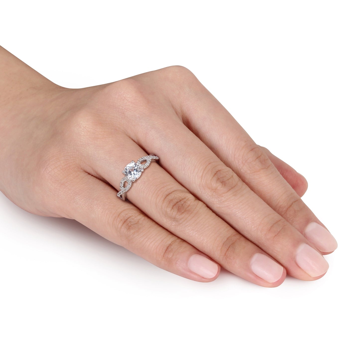 Women'S Engagement Anniversary Bridal 1 CT Created White Sapphire 1/10 CT T.W. Round-Cut Diamond (G-H, I1-I2) 10Kt White Gold Solitaire Ring with Infinity Band with 4/Claw/Shared Prong Setting
