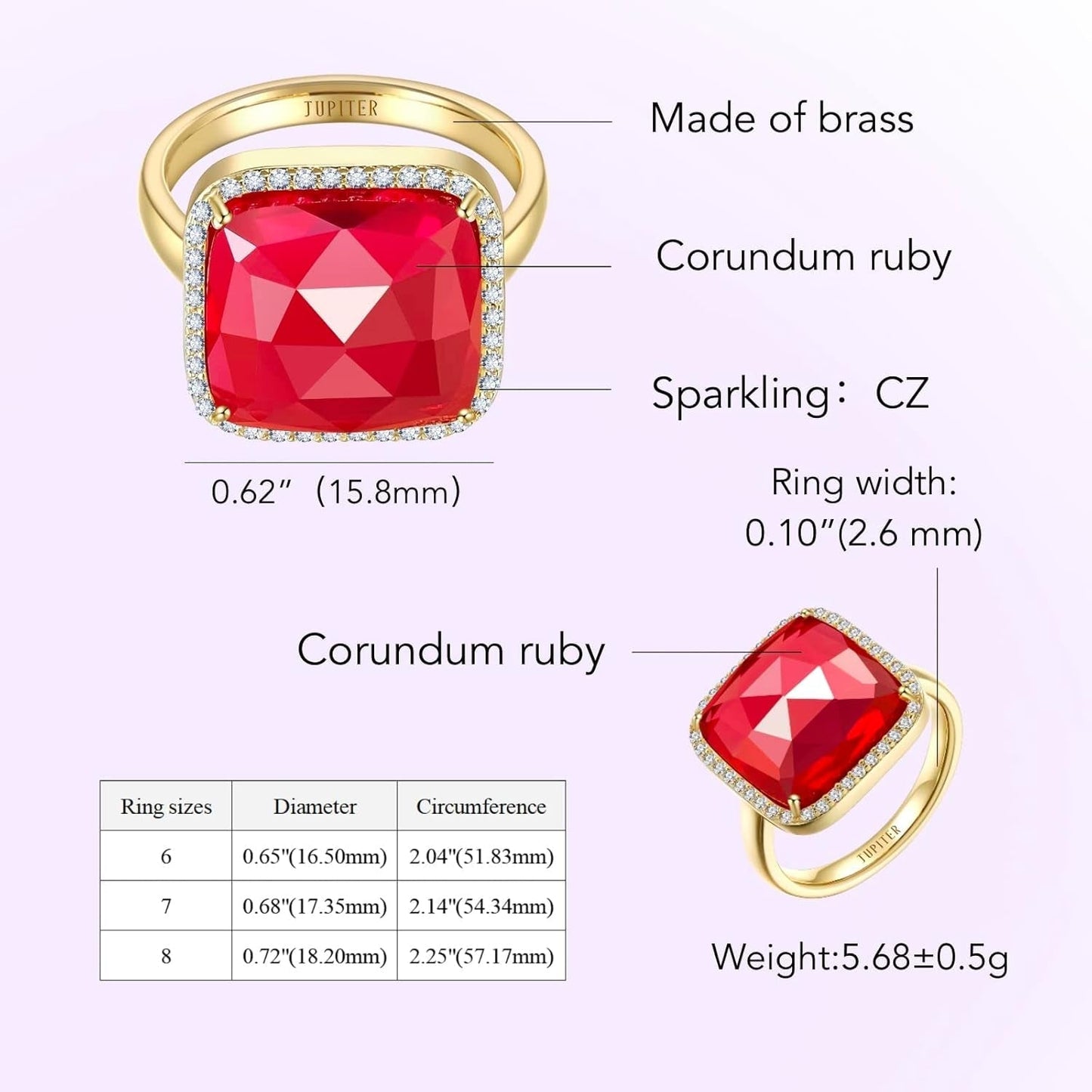 Natural Gemstone Rings, 14K Gold/Rhodium Plated Genuine Gemstone Square Ring with Zirconia for Women, Birthstone Rings Jewelry Gifts for Valentine'S Day, Birthday (Available 6,7,8,9) - WORLD TIME VISITS